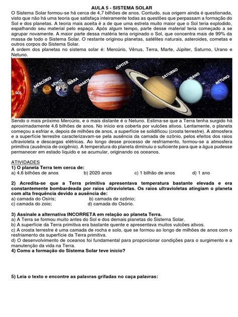 Atividade 6º Ano - Sistema Solar | PDF | Sistema Solar | Terra