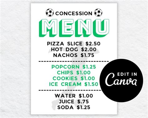 Editable Soccer Concession Stand Menu Price Sheet Printable Canva