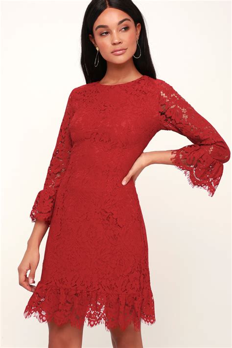 Pretty Red Dress Lace Dress Lace Flounce Sleeve Dress Lulus