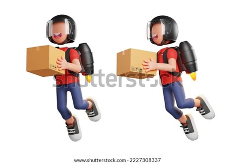 Illustration Courier Flying Jetpack While Holding Stock Illustration