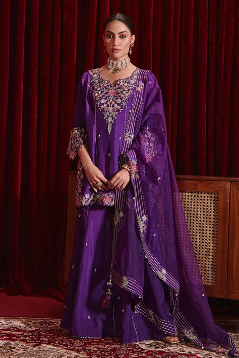 Buy Purple Dupion Silk And Organza Embroidered Floral Patterns Manu