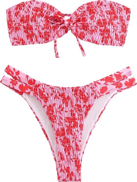 Gorglitter Womens Strapless Bikini Set Floral Bandeau Swimsuit Tie