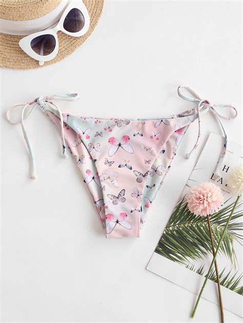 Zaful Butterfly Print Ombre String Bikini Bottom In Light Pink Zaful