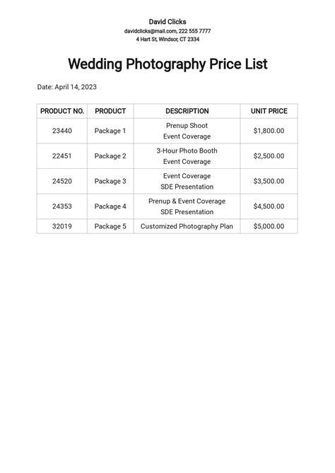 Free Photography Price List Templates 6 Download