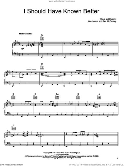 I Should Have Known Better Sheet Music For Voice Piano Or Guitar