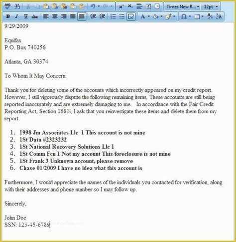 Free Sample Credit Repair Letters And Templates Of Dispute Letter