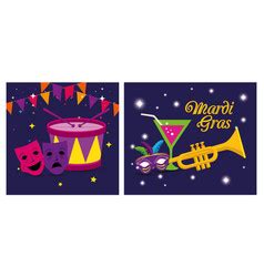 Mardi Gras Masks Trumpets And Drum Design Vector Image