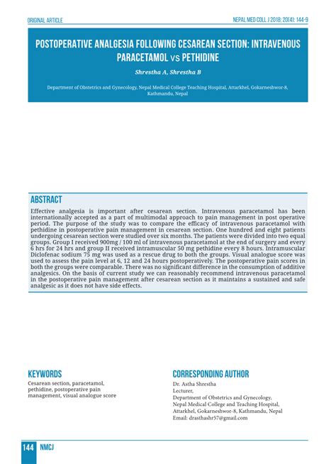 PDF Postoperative Analgesia Following Cesarean Section Intravenous