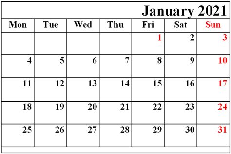 January 2021 Calendar Template With Holidays Printable Calendar