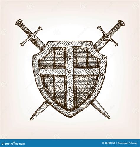 Shield And Sword Sketch Style Vector Illustration Stock Vector