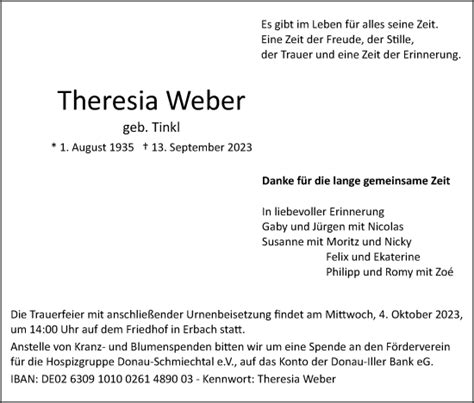 Traueranzeigen Von Theresia Weber S Dwest Presse Trauer