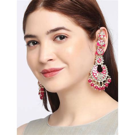 Buy Oomph Pink Meenakari Kundan Floral Chandbali Earrings With