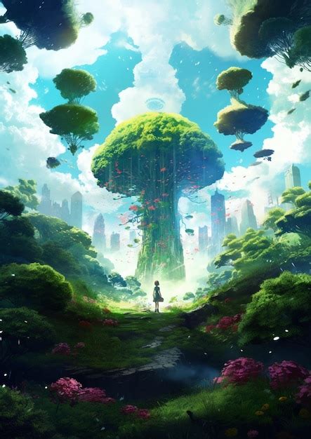 Paisaje Anime Con Un Hombre Parado En Medio De Un Bosque Ai Generativo