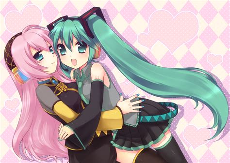 2girls Blue Eyes Hatsune Miku Mani Megurine Luka Pink Hair Thighhighs Vocaloid