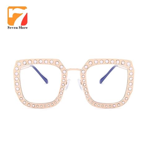 Crystal Decorate Square Glasses Frame Oversized Women Gold Metal Brand