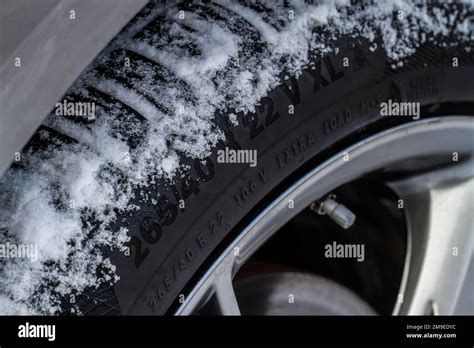 Close Up View Of Snowy Tire With Tire Width Height And Wheel Diameter