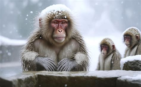 Premium AI Image A Group Of Japanese Macaques Taking A Bath In A Hot