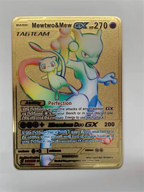 CARTE POKÉMON ARC EN CIEL Mewtwo Mew GX or métal fan art collection