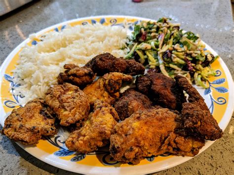 [homemade] Indian Style Fried Chicken With Basmati Rice And Mixed Greens Salad R Food