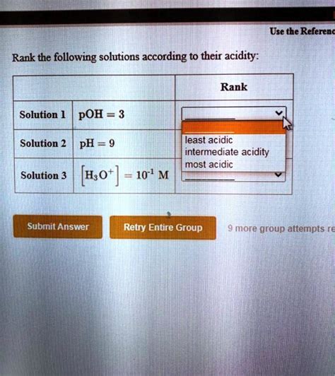 Solved Rank The Following Solutions According To Their Acidity Rank Solution 1 Poh 3