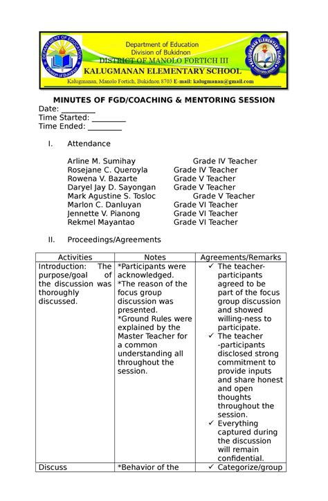 Minutes OF FGD MINUTES OF FGD COACHING MENTORING SESSION Date