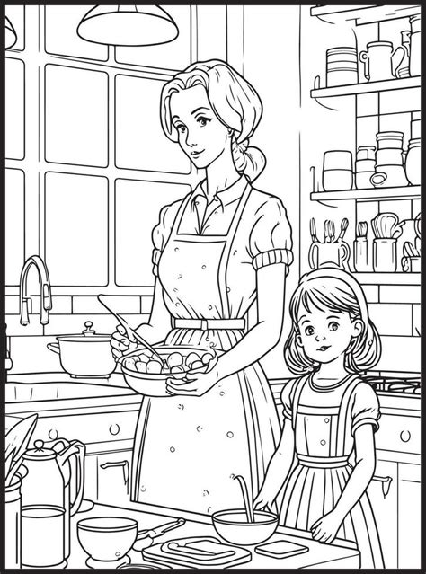 Mother Son Kitchen Coloring Page 23175341 Vector Art At Vecteezy