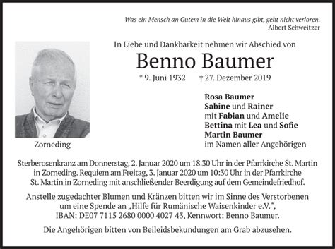 Traueranzeigen Von Benno Baumer Trauer Merkur De