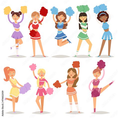 Cartoon Cheerleaders Girls Sport Fan Dancing Cheerleading Woman Team