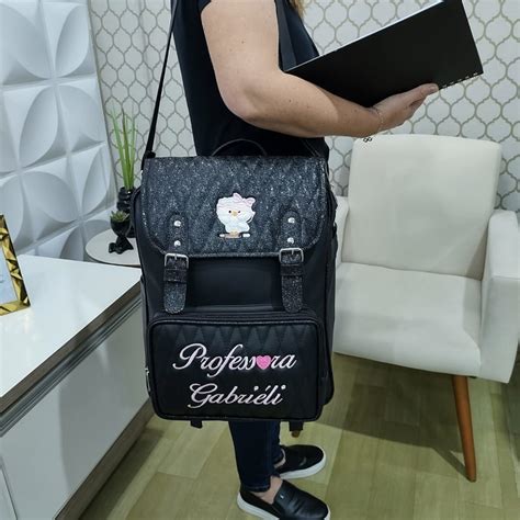 Bolsa Mochila Personalizada Professora Pedagogia Preto Elo