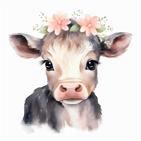 Vaca Beb Con Clipart De Acuarela De Flores Foto Premium