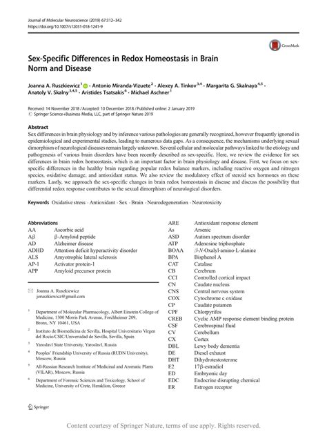 Sex Specific Differences In Redox Homeostasis In Brain Norm And Disease Request Pdf