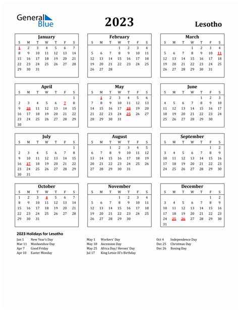 Free Printable 2023 Lesotho Holiday Calendar