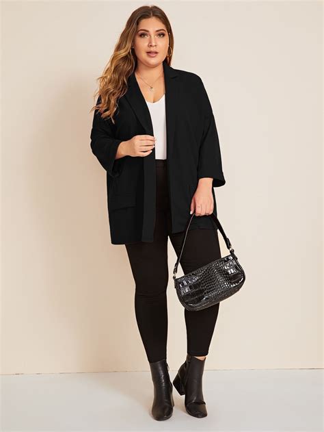 Shein Lune Preto Simples Ocasional Blazer Plus Size Shein Pt