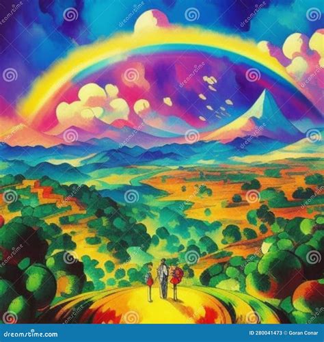 Nature Landscape with Rainbow Stock Illustration - Illustration of ...