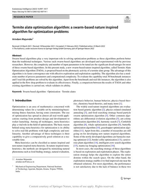 Termite alate optimization algorithm: a swarm-based nature inspired algorithm for optimization ...