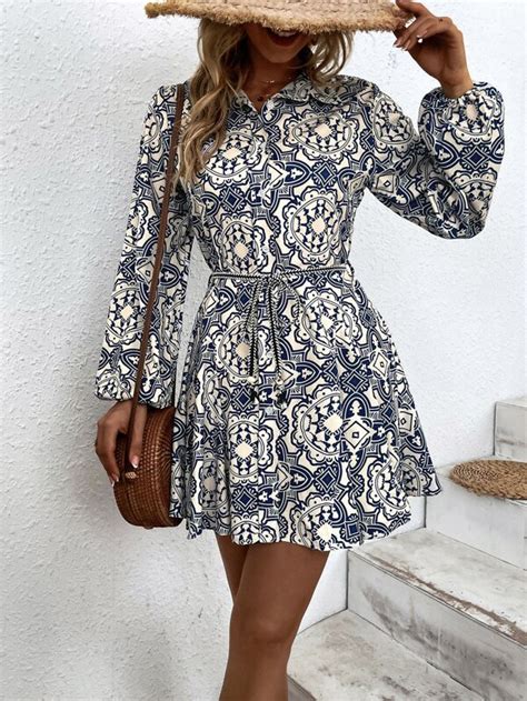 Shein Vcay Random Allover Print Belted Shirt Dress Shein Uk