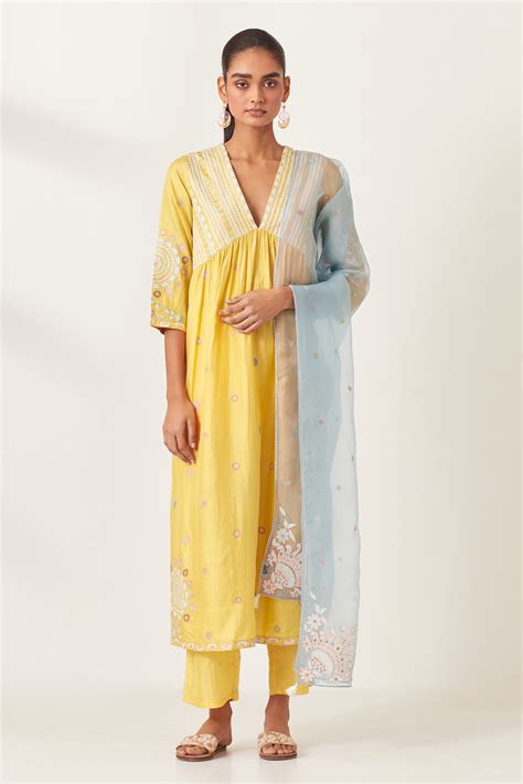 Buy Yellow Kurta And Pant Silk Embroidered Aari Stripe Work Anarkali