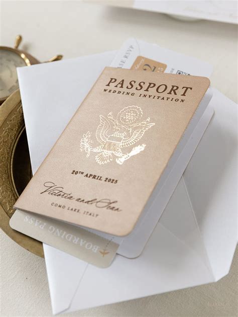 Premium Nude Leather Passport Invitations With Gold Foil Personal