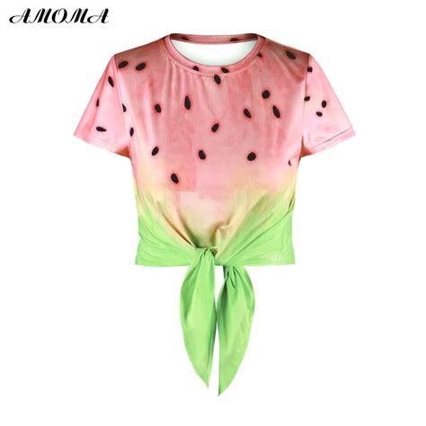 Amoma Women Midriff Baring Summer Short Sleeve Tie Front Knot 3d