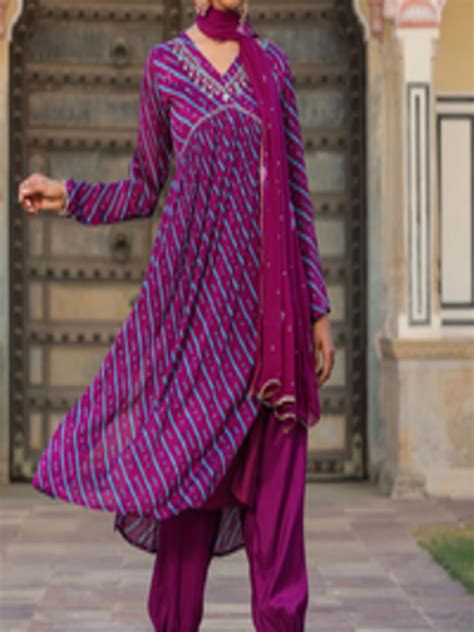 Buy Scakhi Bandhani Printed Beads And Stones Pleated A Line Kurta With Patiala And Dupatta Kurta