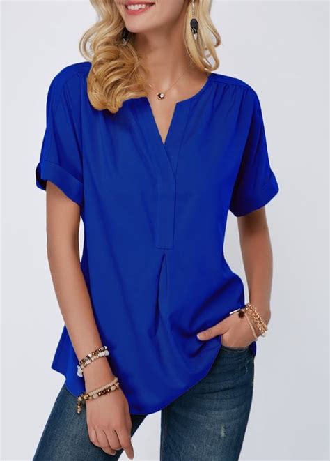 Short Sleeve Royal Blue Split Neck Blouse Trendy Fashion Tops Womens