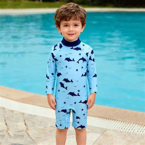 Cowsor 0-4Y Infant One Piece Swimsuit Dolphin Print Long Sleeve Crew