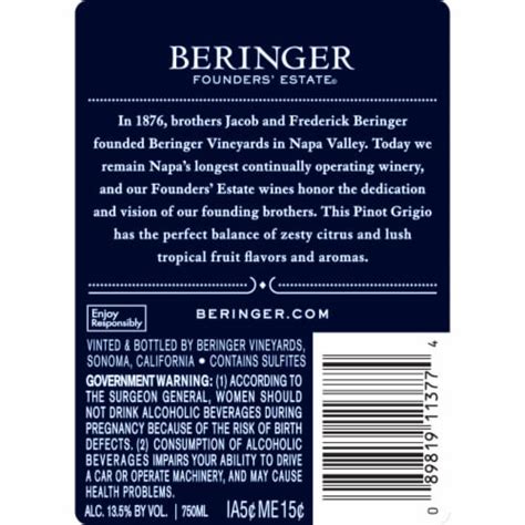 Beringer Founders Estate Pinot Grigio California White Wine 750 Ml