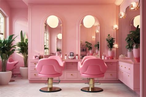 Beauty salon interior chairs and mirrors in pink hairdressing shop ...