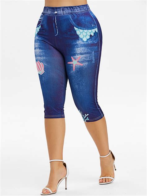 32 OFF 2020 Plus Size High Waisted Printed Faux Denim Capri Leggings