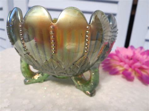 Green Carnival Glass Northwoods Rosebud Three Footed Rose Bowl Etsy