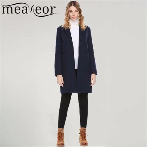 Meaneor Winter Warm Coat Women Casual Turn Down Collar Long Sleeve Solid Pocket Front Open Warm