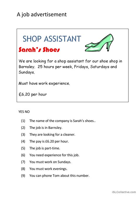 A Job Advertisement English Esl Worksheets Pdf And Doc