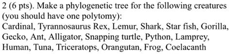 SOLVED: 2 (6 pts). Make a phylogenetic tree for the following creatures (you should have one ...