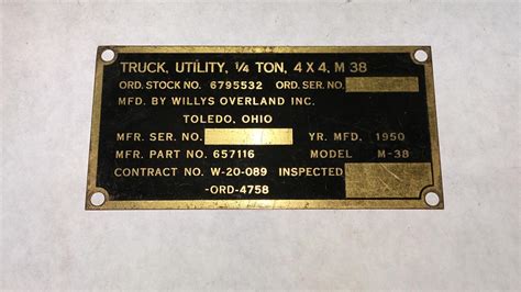 M38 Utility Truck Data Plate